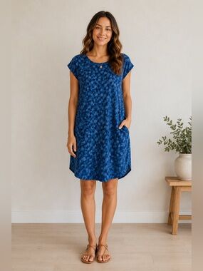 Made in Italy 100% Linen Blue Abstract Print Tunic Dress Top OS